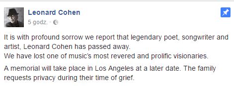 Śmierć Leonarda Cohena