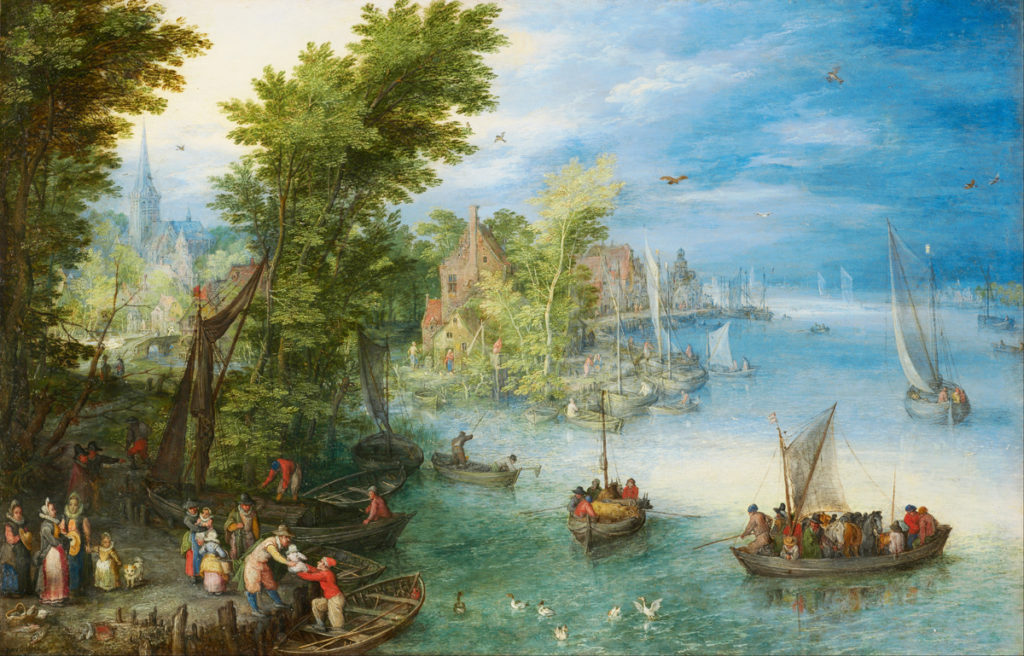 Na statkach panowała ciasnota, a więc i spora szansa na wybuch zarazy. Statek mógł rozbić się na skałach lub utopić podczas sztormu | fot.: Jan Brueghel Starszy, Krajobraz nad rzeką