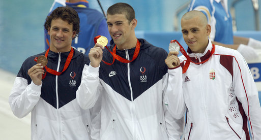 10 sierpnia 2008, Michael Phelps, László Cseh i Ryan Lochte, po wyścigu 400 m stylem zmiennym