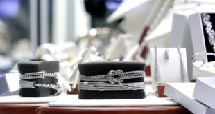 Srebrny naszyjnik, bransoletka na czarnym tle w sklepie jubilerskim