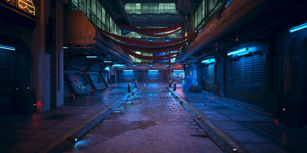 miasto w stylu cyberpunk z neonowymi światłami