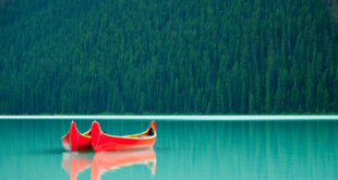 canoe pływające po jeziorze Louise w Kanadzie